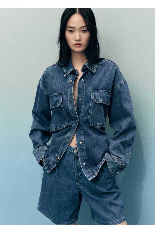 Orta bel pileli denim bermuda şort - 6