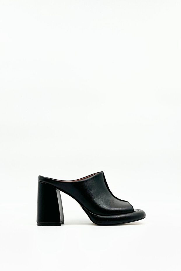 Black Leather Platform Heeled Slippers – 9 cm High Heels