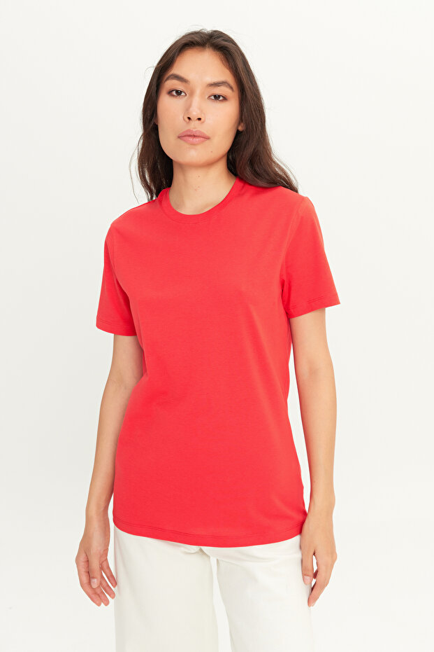 Erkek/unisex Kırmızı %100 Pamuk Slim Fit Dar Kesim Bisiklet Yaka Basic Tişört - 6