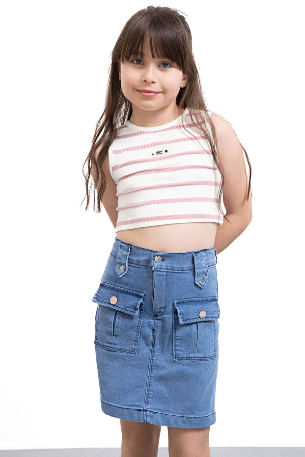 Blue Front Pocket Elastic Waist Girl's Jean Shorts Skirt 21122