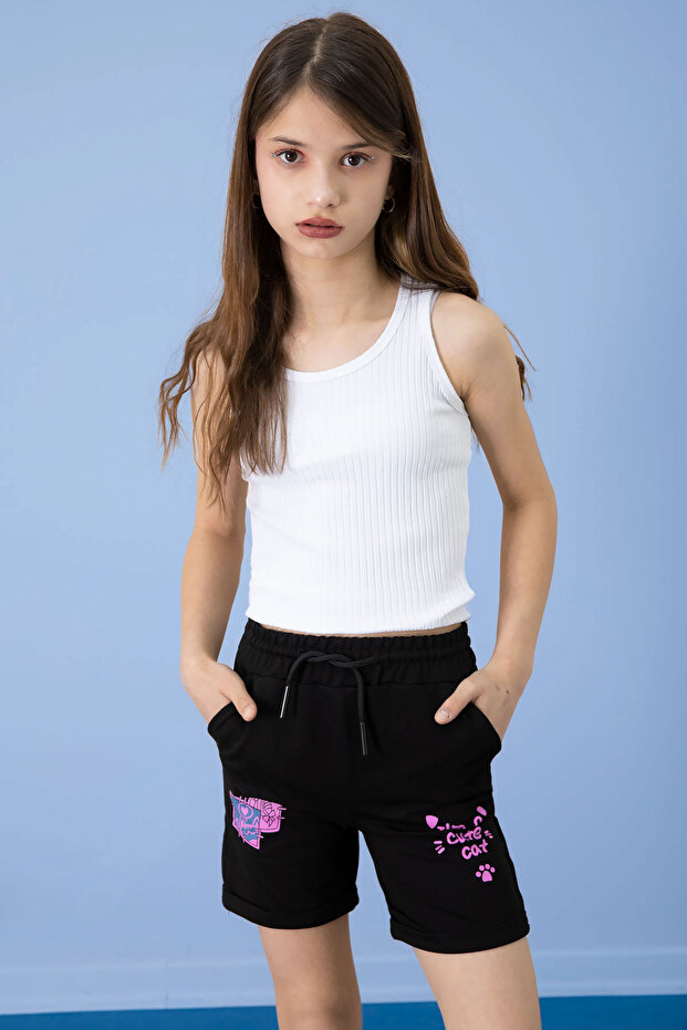 Black Paw Cute Printed Girl's Elastic Waist Shorts 20726