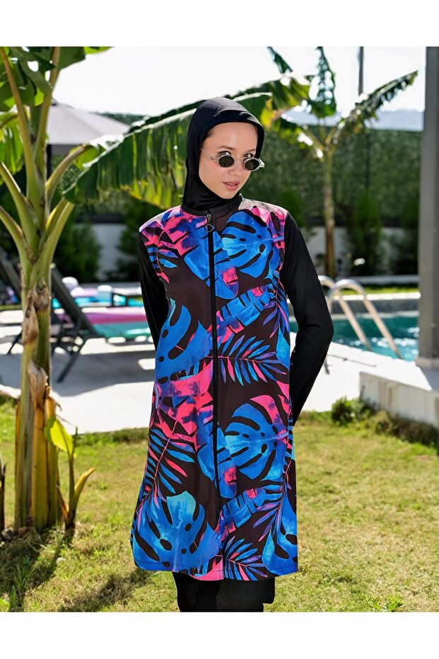 Full Covered Fast Drying Side Adjustable Zippered Hijab Swimsuit-2426