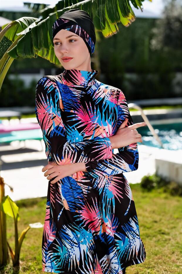 Tropical Patterned Full Size Lycra Digital Hijab Swimsuit-2412