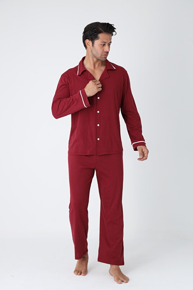 Erkek Uzun Kol Düğmeli Pijama Takım - 3