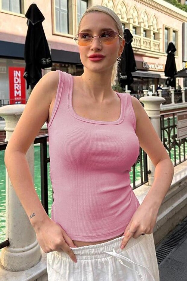 Pembe Fitilli Görünümlü Askılı Basic Atlet MG2057 - 5