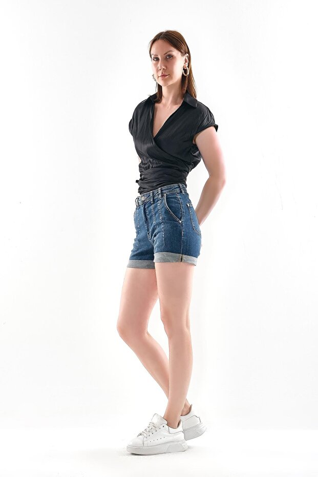 Dikiş Detaylı Jean Şort - 2