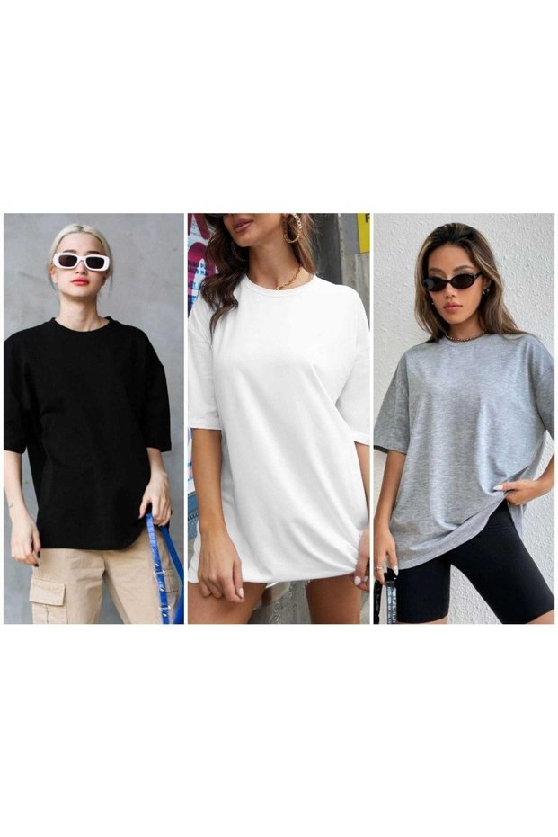 Pack of 3 Super Quality Unisex Cotton Black White Gray Oversize Boyfriend T-shirt Women Men