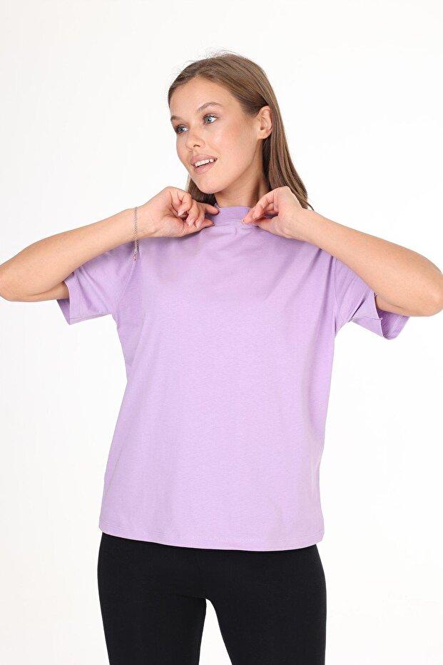 100% Organic Cotton Women's Lilac Basic Ribbed High Neck Knitted T-Shirt Half Fisherman Neck