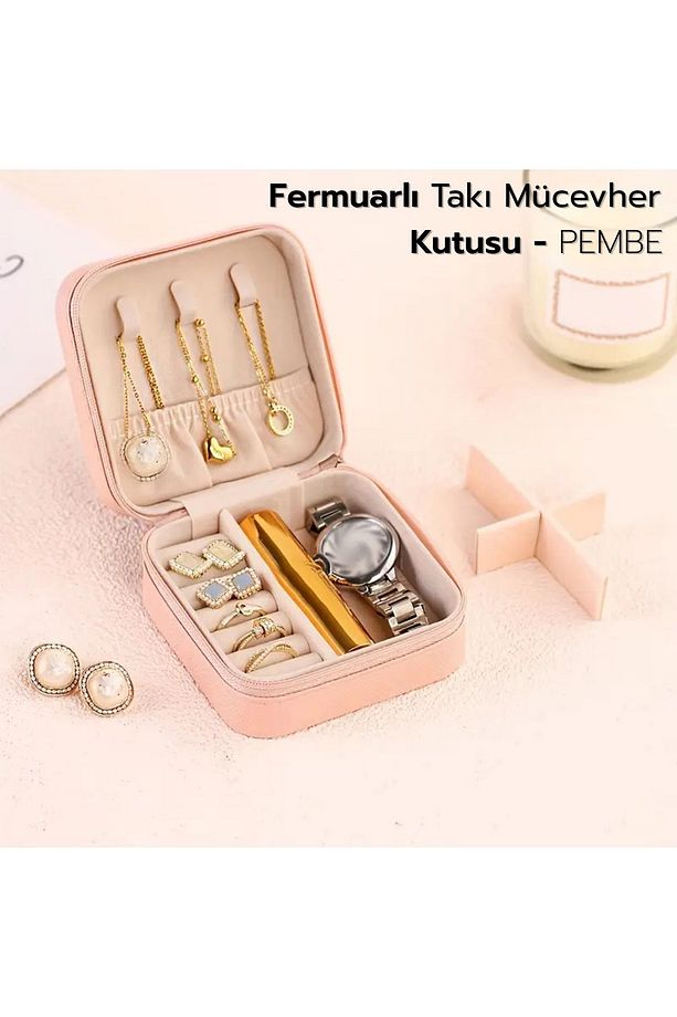 Fermuarlı Takı Mücevher Kutusu | Seyahat Mücevher Takı Kutusu - 10x10x5,5 cm - 1
