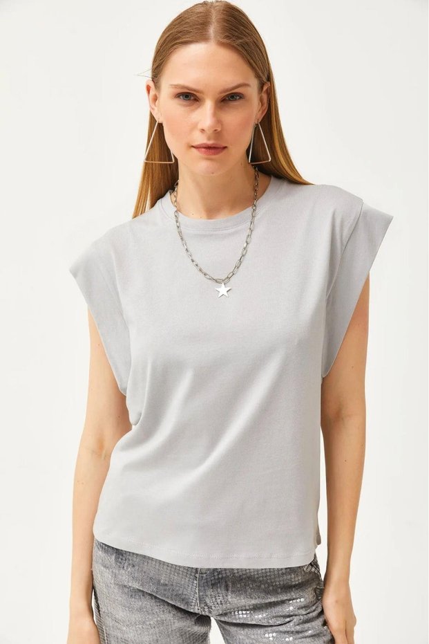 100% Cotton Women's Stone Color Wadding Look Bat Crew-Neck T-Shirt with Underarm Sequins