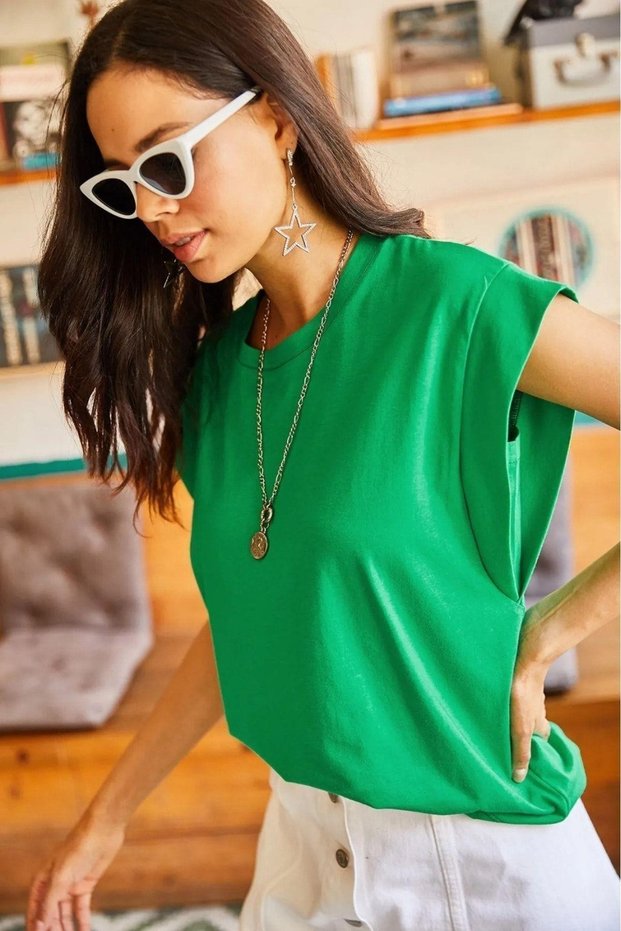 Green 100% Cotton Shoulder Pad Look Basic Crew Neck Knitted T-Shirt