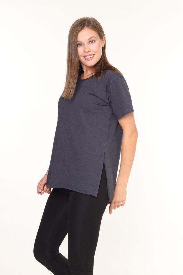 100% Cotton Women's Smoked V-neck side slit asymmetrical combed cotton knitted T-shirt t-shirt tunic