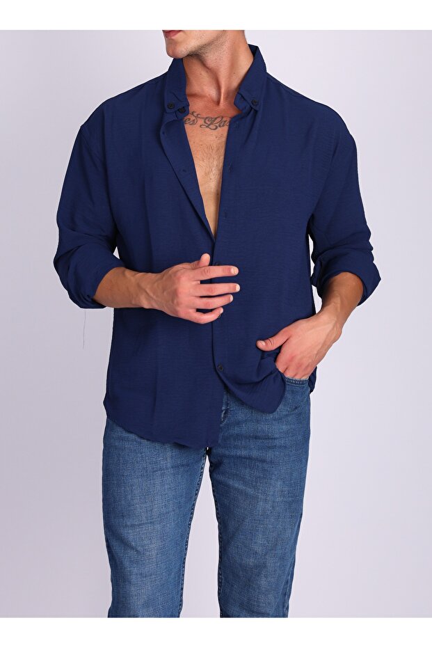 Dark Blue Ayrobin Textured Owersize Linen Men's Shirt