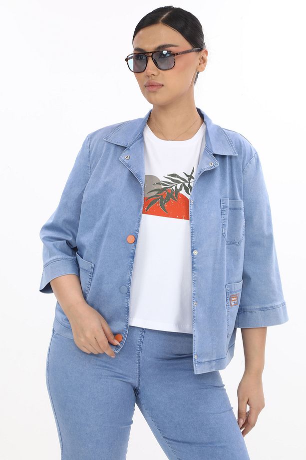 Kadın Üçlü Yazlık Buz Mavi Takım Ceket Pantolon Tshirt - 5