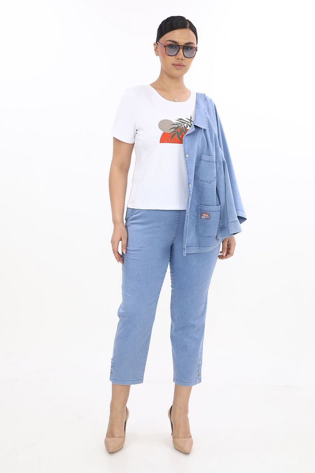 Kadın Üçlü Yazlık Buz Mavi Takım Ceket Pantolon Tshirt - 4