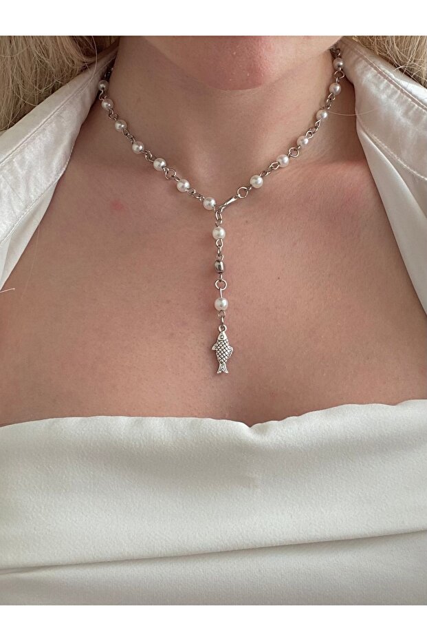 Fairycore Coquette Pearl Y Necklace with Lucky Fish Charm