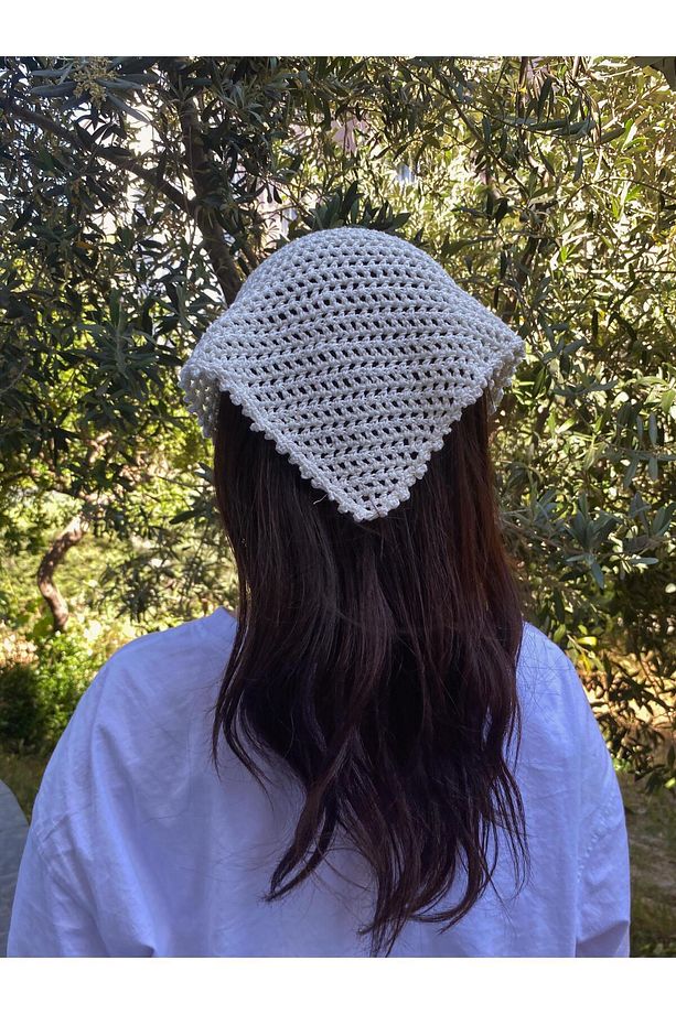 Beyaz Renkli File Model Bandana, El Yapımı Örgü Bandana - 3