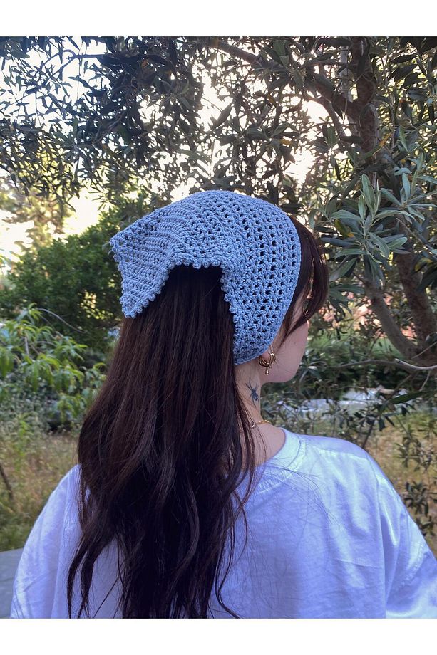 Açık Mavi Renkli File Model Bandana, El Yapımı Örgü Bandana - 2