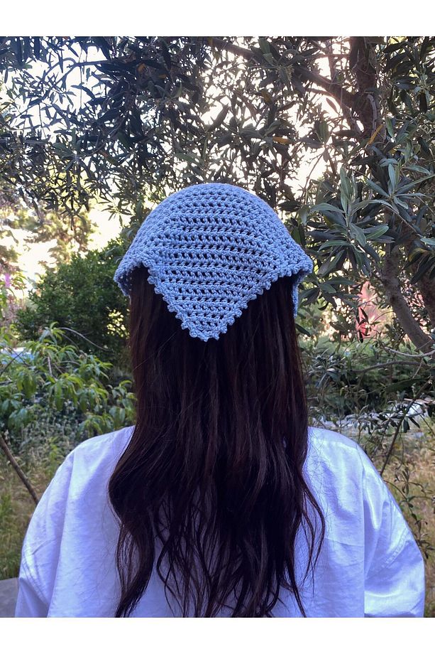 Açık Mavi Renkli File Model Bandana, El Yapımı Örgü Bandana - 3
