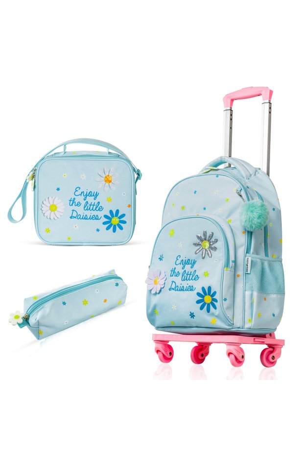 17" School Bag Set of 4 w/ 4 Wheel Trolley, Lunch Bag and Pencil Pouch - Little Daisy Green