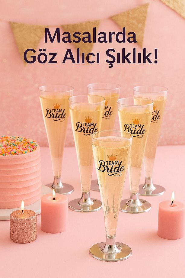 6'lı Logolu Plastik Gümüş Renk Ayaklı Şampanya Kadehi 6 Adet Parti Team Bride Kadeh Seti - 6