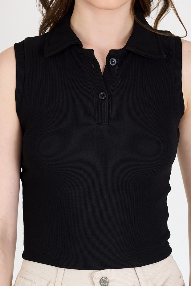 Black Buttoned Polo Neck Zero Sleeve Knitted Blouse 2219 - 4