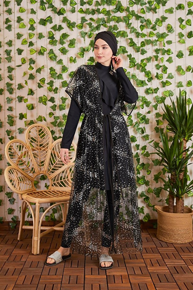 Sw35.28 Gümüş Baskılı Tül Pareo - 1