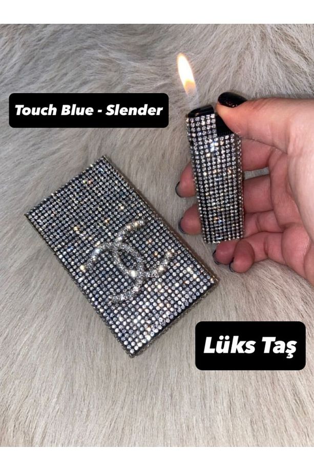 Taşlı Sigara Kutusu Çakmak Slender Boy Sigaralar Icin - Touch Blue - 1