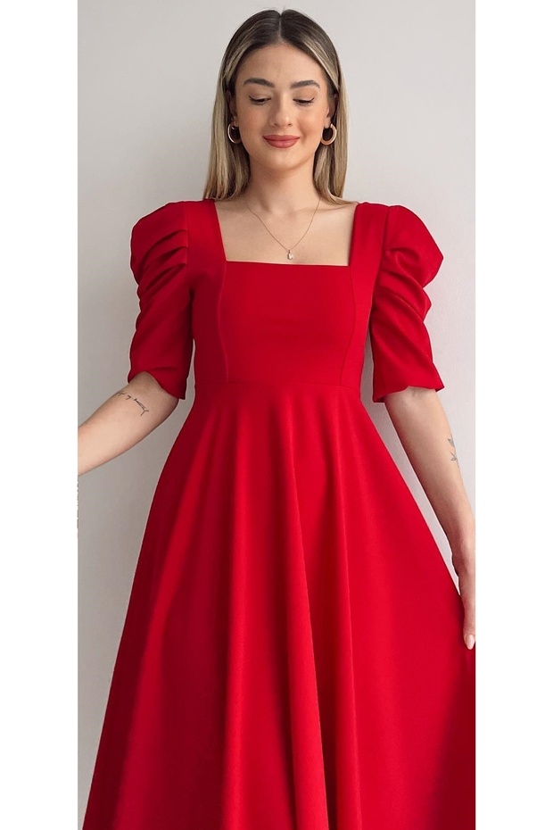 Women's Design Crepe Fabric Square Neck Short Sleeve Midi Length Red Evening Dress 080