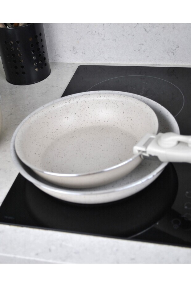 9 Piece Granite Coated Pot and Pan Set with Plug and Remove Handle Nested Cooking Storage Beige - 8