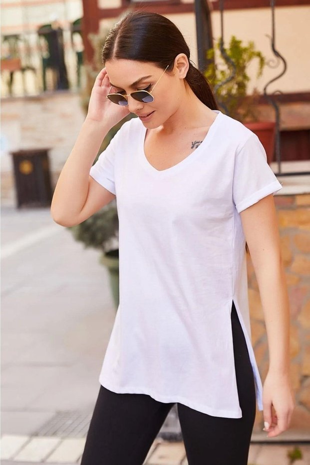 Women's White V-Neck Side Slit Asymmetrical Combed Cotton Knitted T-shirt T-Shirt Tunic