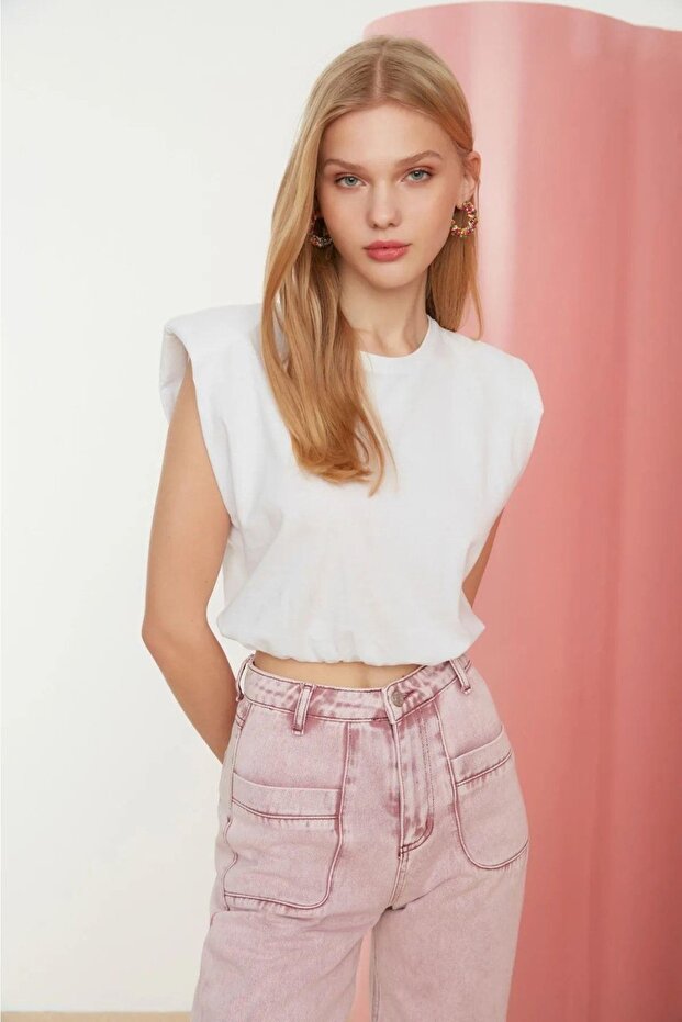 White 100% Cotton Padded Crop Crew Neck Knitted T-shirt
