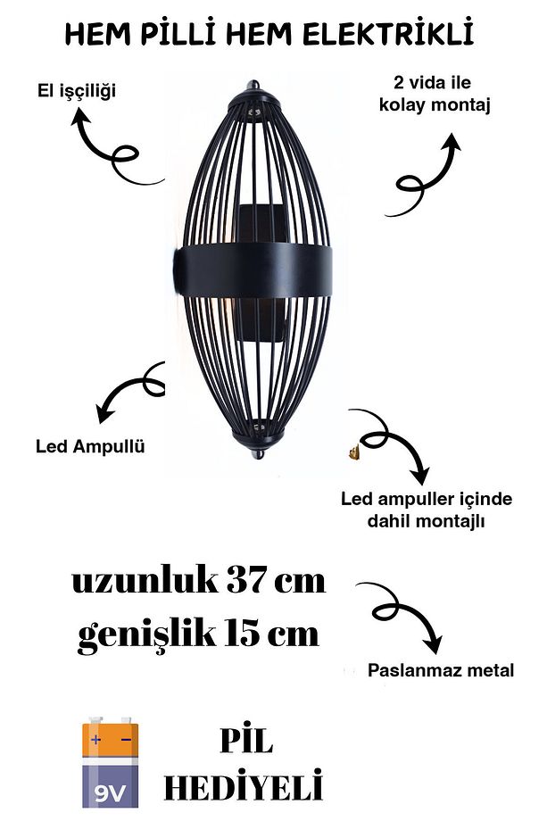 Beyzbol Aplik Siyah, Pilli Aplik, Anahtarlı, Pilli Elektrikli Ledli Duvar Aplik, Gece Lamba 1 Adet - 8