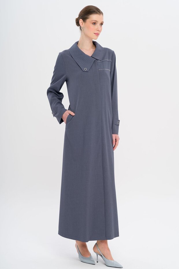 Handkerchief Collar Pattern and Stone Detailed Unlined Large Size Top Coat Indigo 6714 - 3