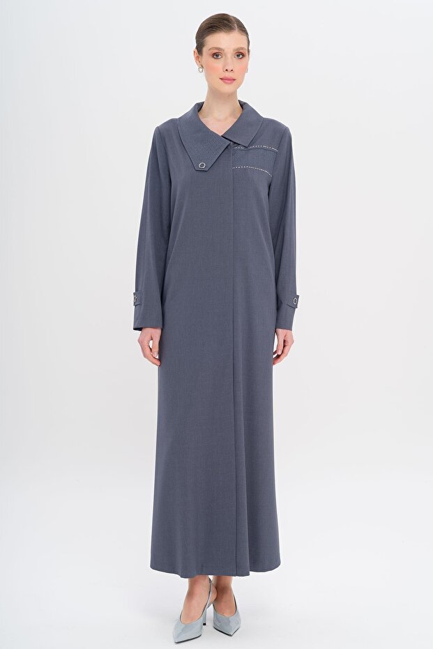 Handkerchief Collar Pattern and Stone Detailed Unlined Large Size Top Coat Indigo 6714 - 1