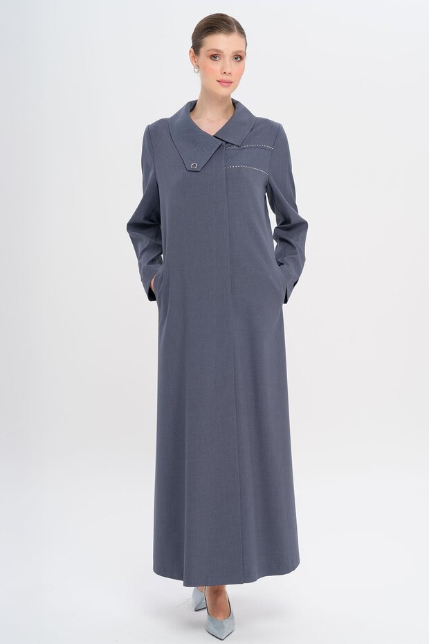 Handkerchief Collar Pattern and Stone Detailed Unlined Large Size Top Coat Indigo 6714 - 5