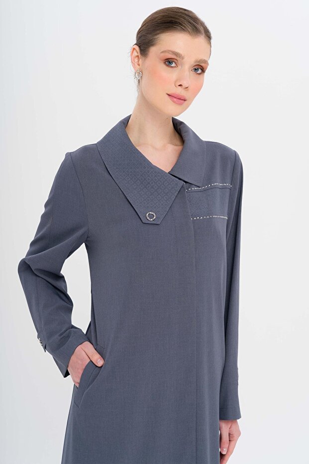 Handkerchief Collar Pattern and Stone Detailed Unlined Large Size Top Coat Indigo 6714 - 4