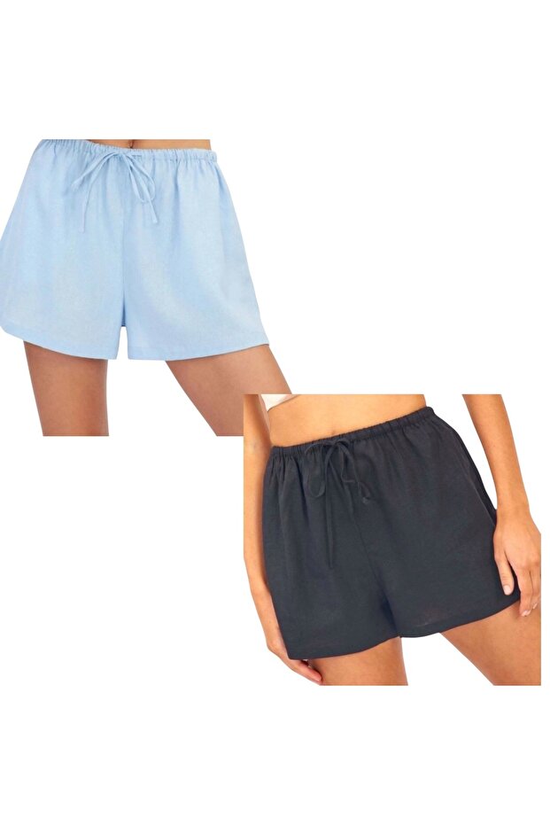 Relax Fit Pocketless Women's Shorts 2 Pieces Cotton Linen (Black-Blue)