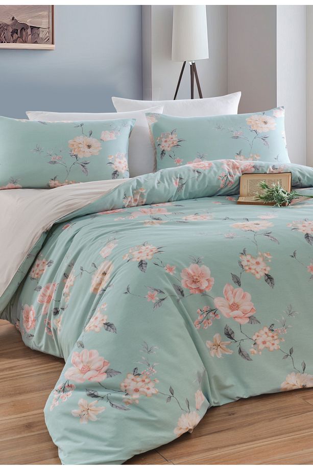 Çift Kişilik Pamuklu Nevresim Takımı 4 Parça – Lucia Desen – Mint / Yumuşak Dokulu - 1