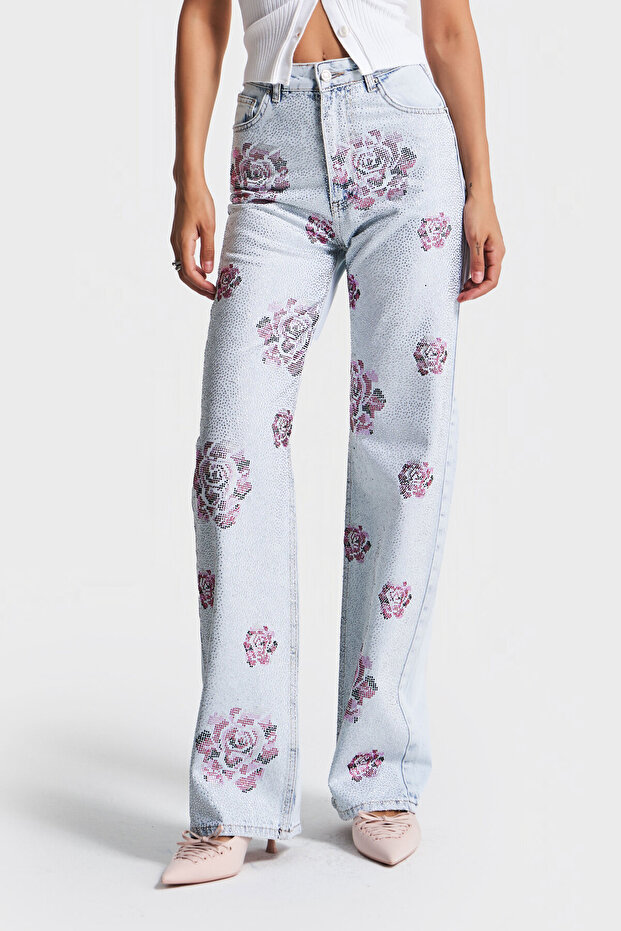 Women's T.Kot Color 4S5-80 Straight Fit Shiny Stone Rose Detailed 100% Koton Design Denim Jean