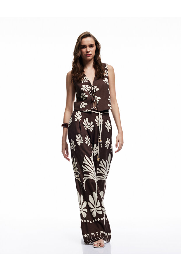 Linen Blend Belt Detailed Wide Leg Floral Palazzo Pants with Pockets