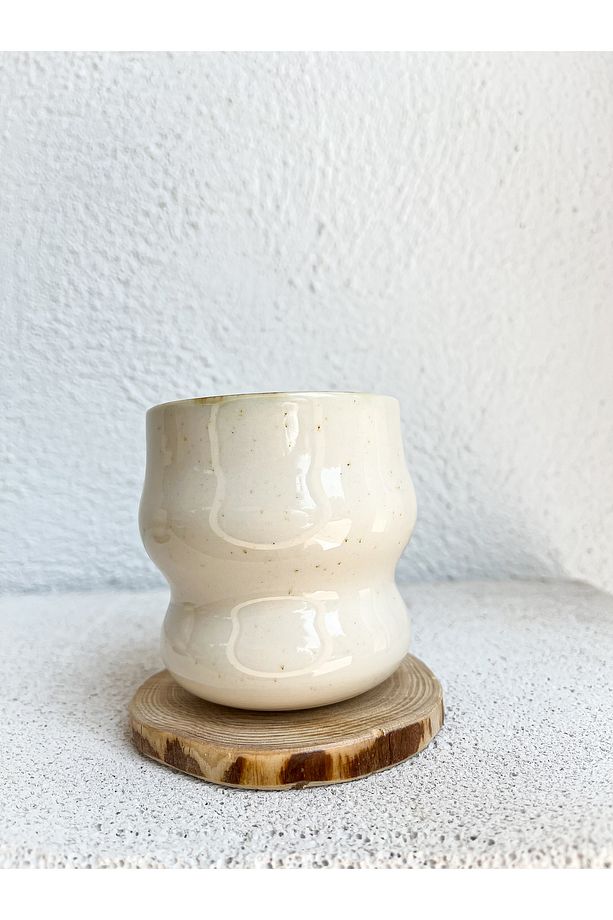 El Yapımı Stoneware Kulpsuz Ahşap Altlıklı Oval Form Bohem Kahve Bardağı - 5