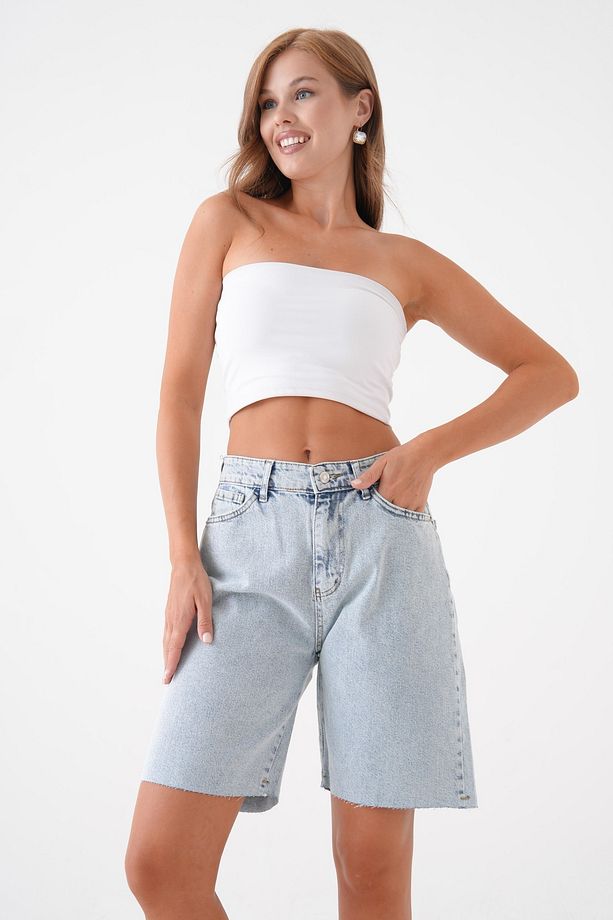 Kadın Mavi Yüksek Bel Diz Üstü Kot Şort Rahat Kalıp Denim Şort 70367 - 8