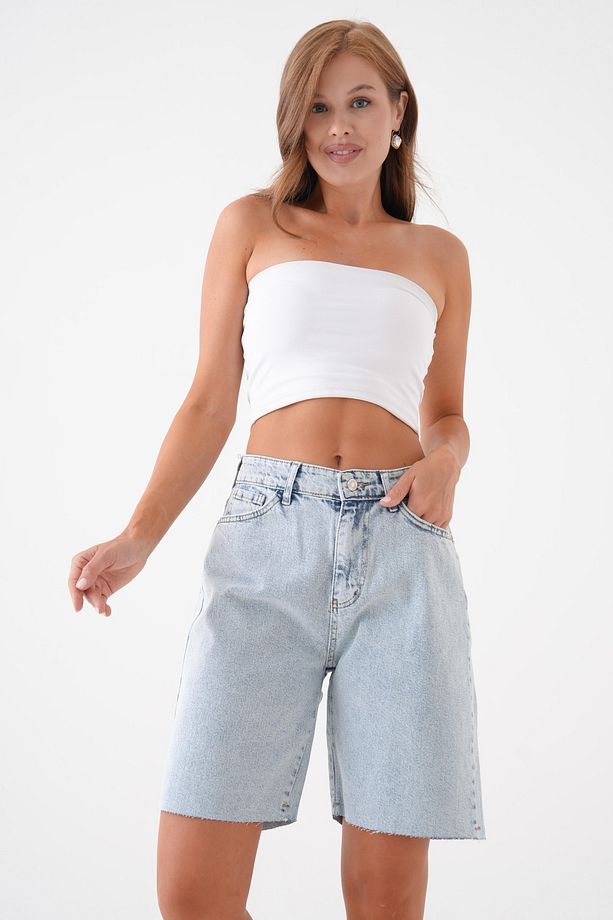 Kadın Mavi Yüksek Bel Diz Üstü Kot Şort Rahat Kalıp Denim Şort 70367 - 4