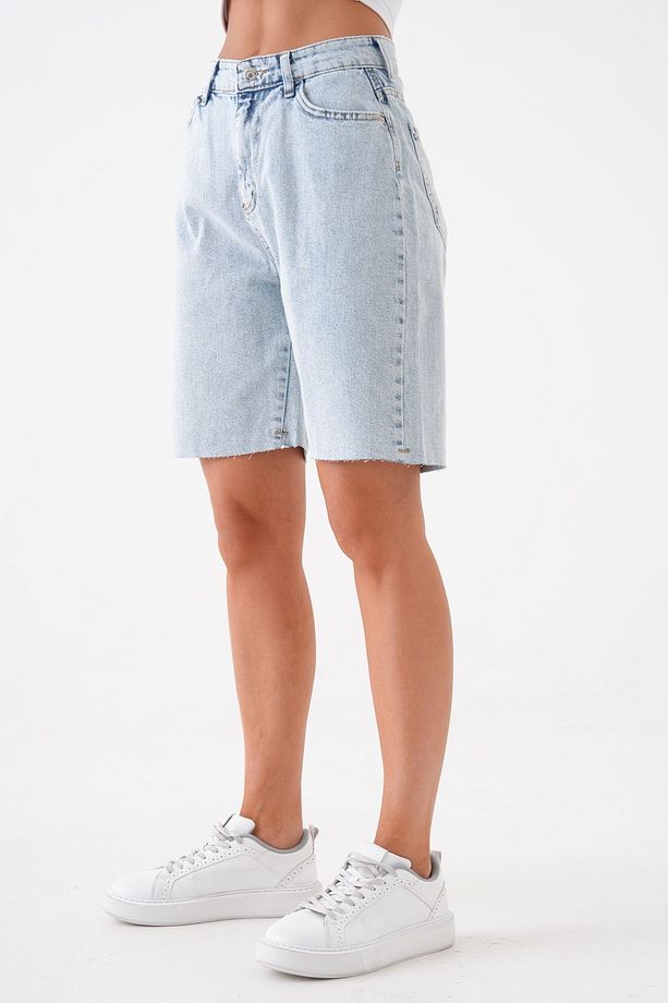 Kadın Mavi Yüksek Bel Diz Üstü Kot Şort Rahat Kalıp Denim Şort 70367 - 7