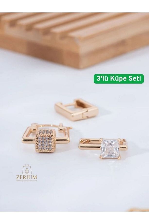Işıltılı ve Şık Elegant Kare Üçlü Küpe Seti - 4