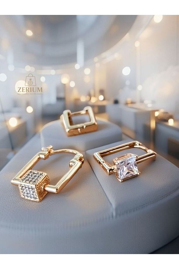 Işıltılı ve Şık Elegant Kare Üçlü Küpe Seti - 2