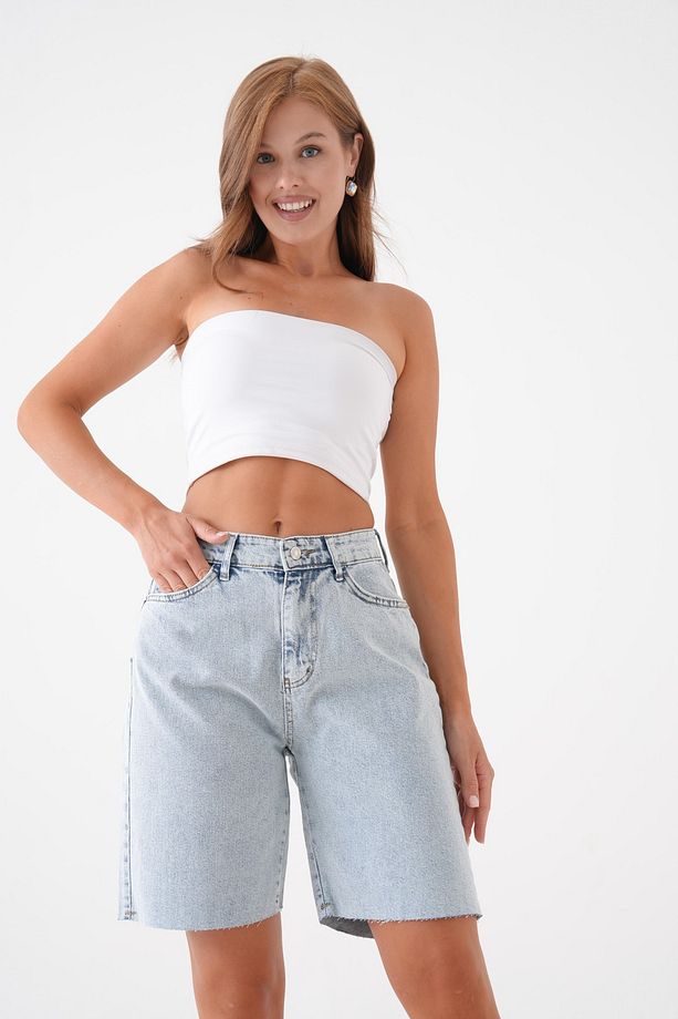 Kadın Mavi Yüksek Bel Diz Üstü Kot Şort Rahat Kalıp Denim Şort 70367 - 6