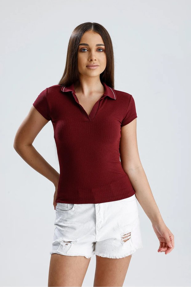 Women's Burgundy Polo Neck Camisole T-Shirt – Short Sleeve, Buttonless, Fitted Knitted Fabric