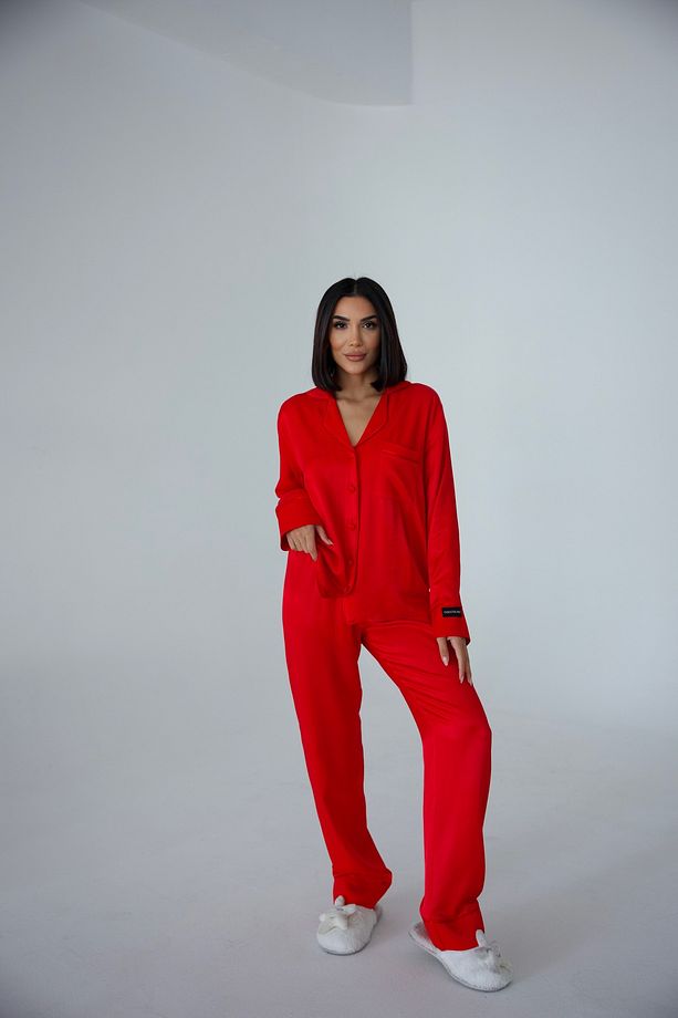 Sentimenti Perfetti Kırmızı Floş Saten Uzun Pijama Takımı - 4